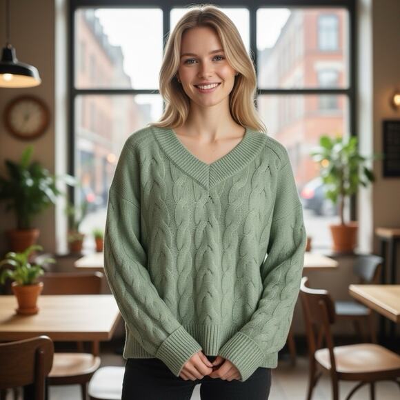 Abercrombie & Fitch Easy V-Neck Cable Sweater XL Frosty Olive Cozy Casual Preppy - Picture 1 of 14